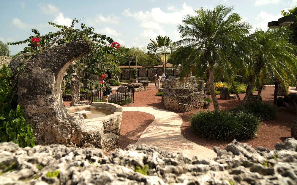 Details of intricately carved coral stone at Coral Castle, showcasing detailed textures and patterns