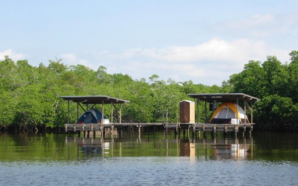 Camping tent by the water at Everglades National Park