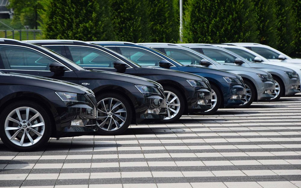 Rental cars parked in a row ranging from black to white in color