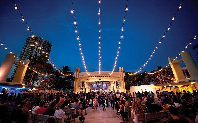 Fairy lights over the Miami Beach Bandshell's stage and seating area at night