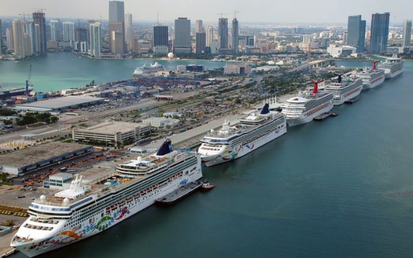 Aerial view of docked cruise ships at PortMiami