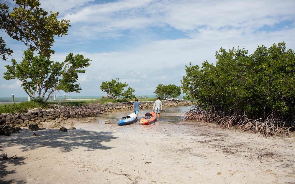 Friends pulling kayaks into the water at Biscayne National Park